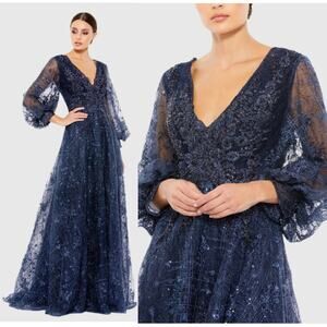 Mac Duggal 20283 Midnight Navy Blue 6 Long Sleeve Formal Maxi Gown Dress